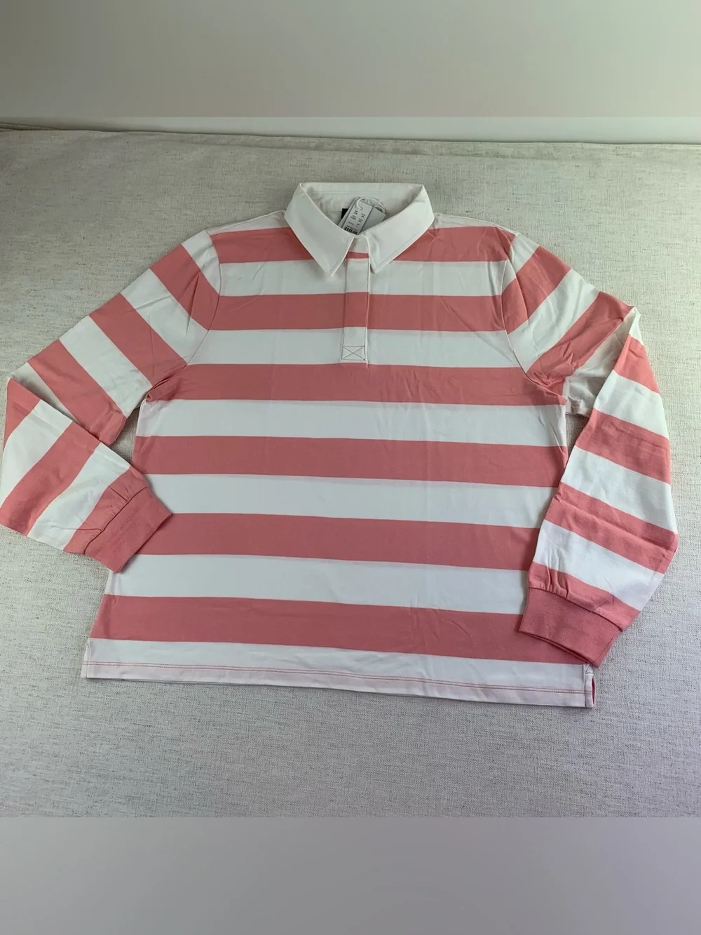 j crew women's L Boyfriend jersey rugby shirt in stripe long sleeve coral white